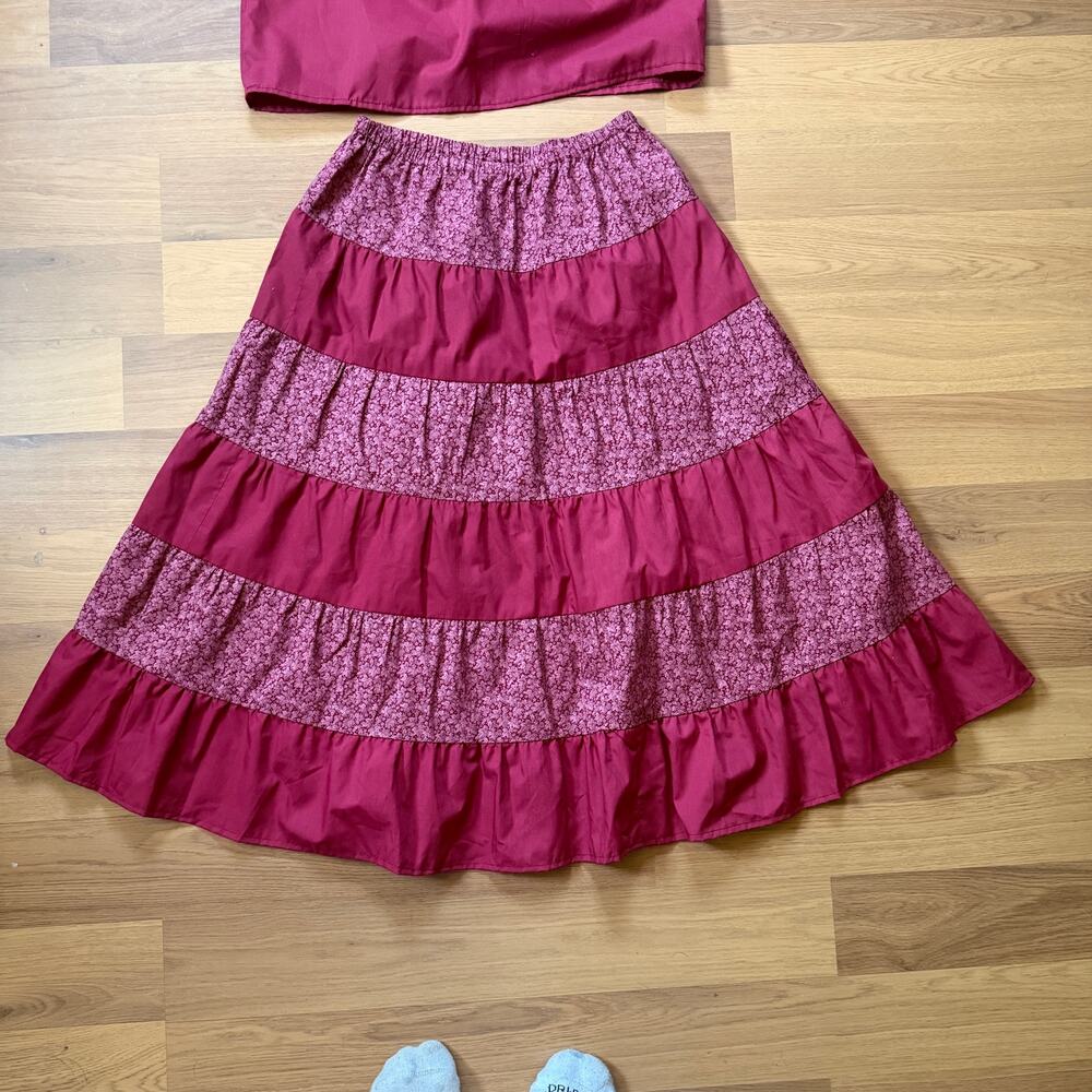 Women's Vintage 1970's Handmade Dark Wine Red 2-Piece Set Top Skirt Sz Medium - Picture 2 of 9